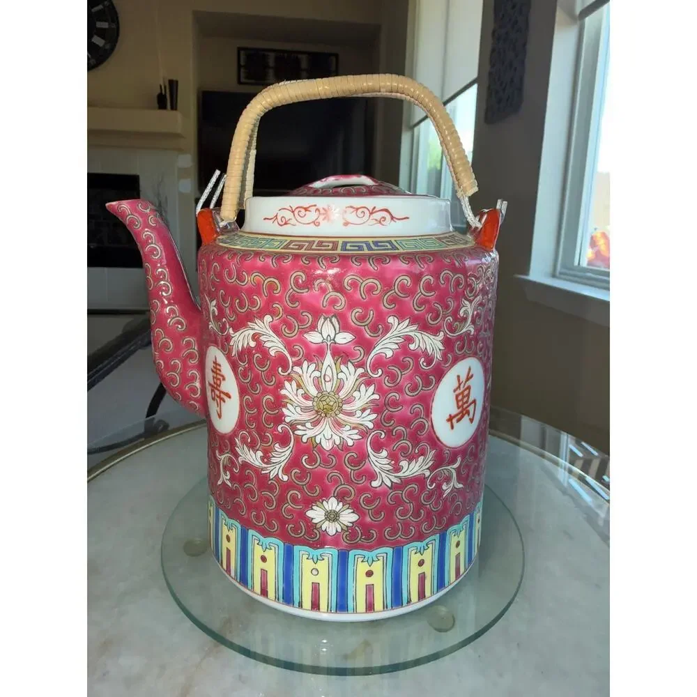Vintage Jingdezhen Mun Shou Teapot Rattan Wrapped Handle Pink Porcelain